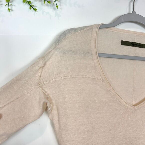 Enza Costa Linen Sweater Top Womens Small Cream Knit 3/4 Sleeve V-Neck Pullover - Picture 5 of 13